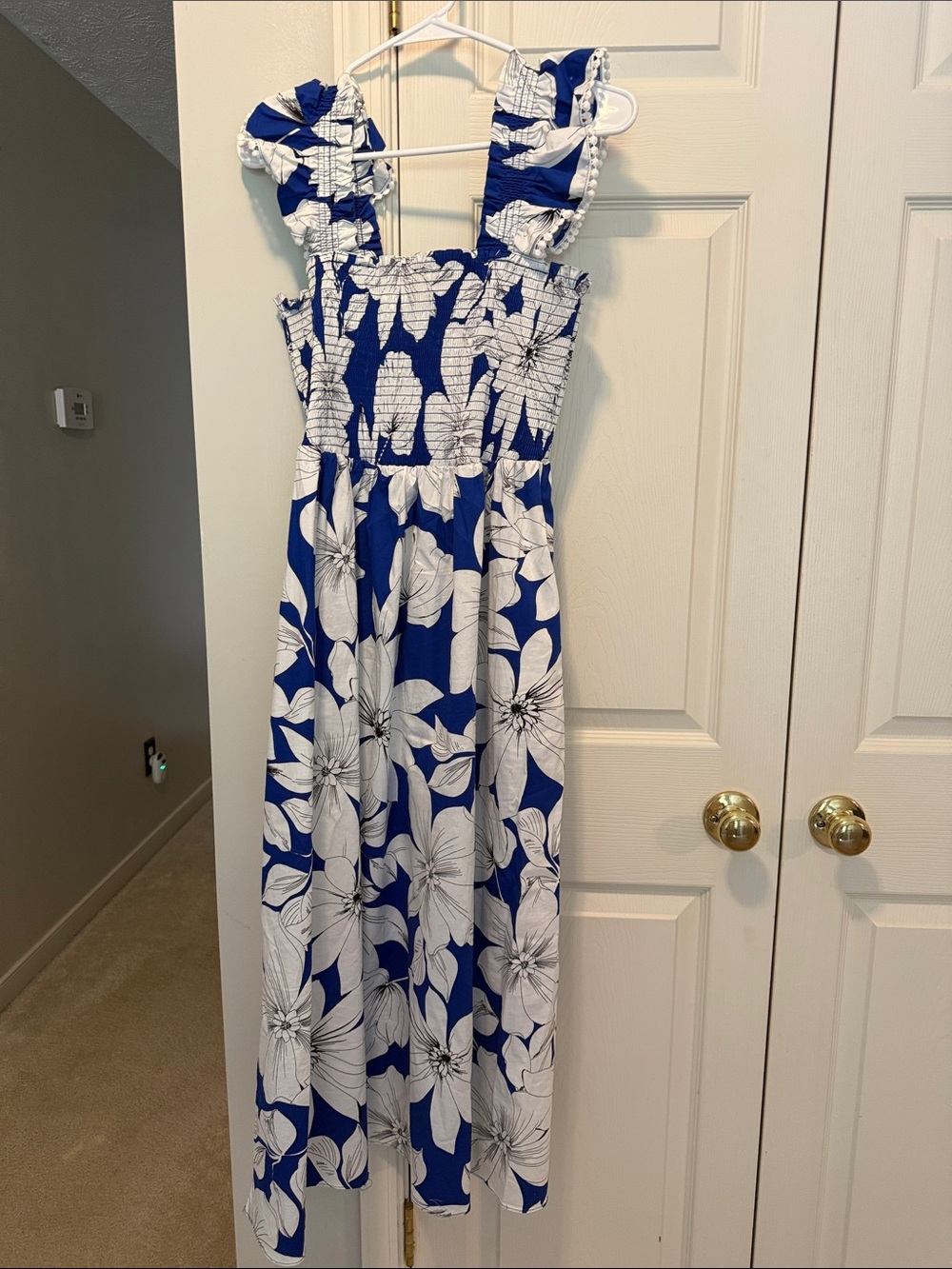 Large preowned Anne Klein Blue and White Floral Maxi Dress with Ruffled Straps